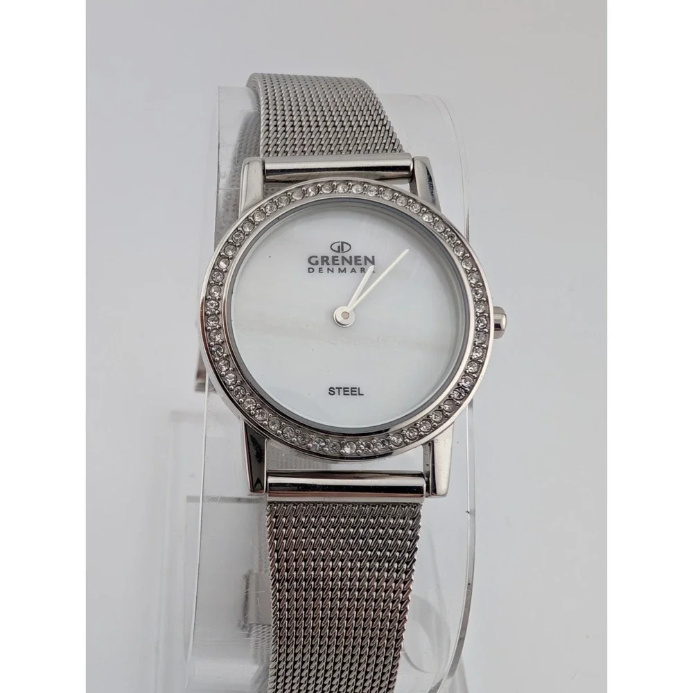 Grenen Denmark Watch Women 26mm Mesh Band‎ Crystal Accents MOP Dial- New Battery